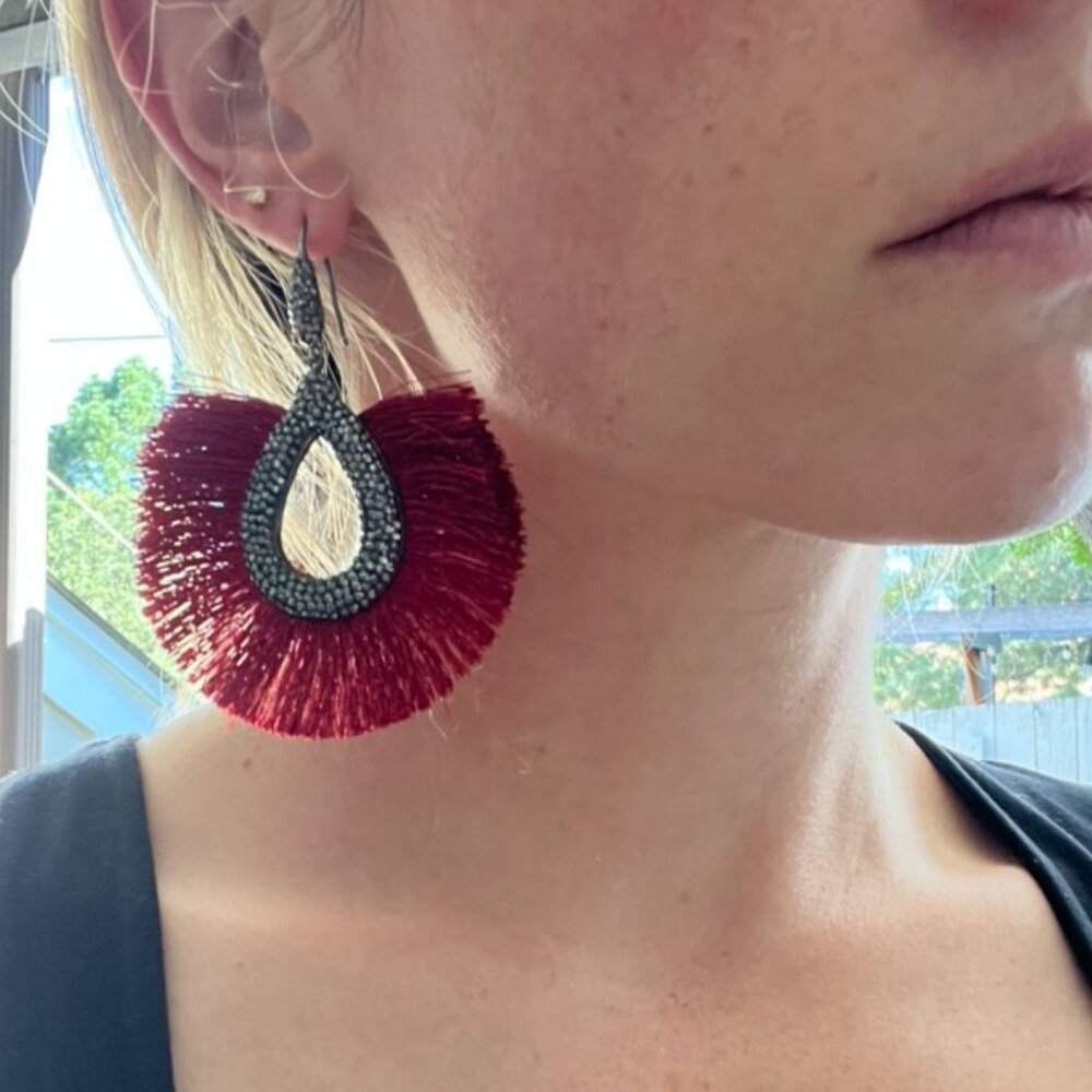 Red Fringe + Gemstone Statement Earrings
